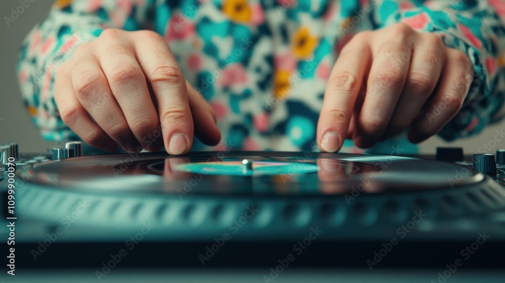 Fototapeta premium Precision hand movements of a DJ on a spinning record, surrounded by vibrant sound waves. The joy of playing music.