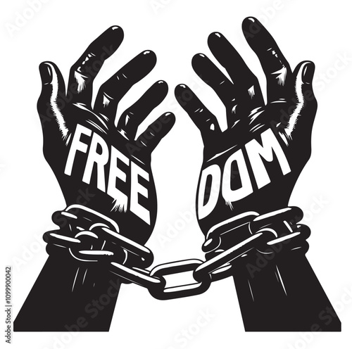 A pair of hands chained to a chain with the text words freedom. vector illustration.