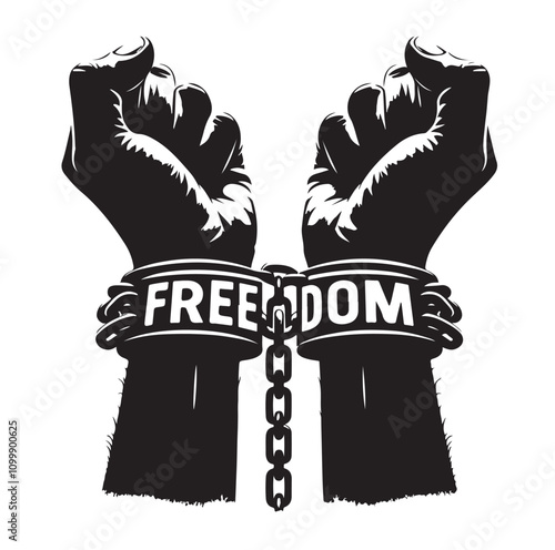 A pair of hands chained to a chain with the text words freedom. vector illustration.