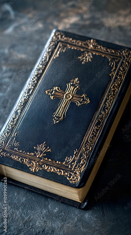 Fototapeta premium A close-up of a Bible with a cross on it, laying flat.