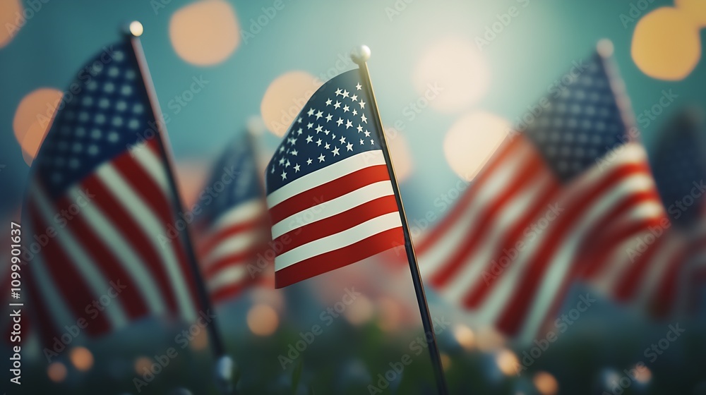 Obraz premium Majestic Array of American Flags Softly Glowing Amidst Dreamy Bokeh Scene : Generative AI