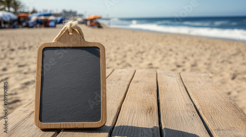 board standing on table with empty space on a beach near the ocean photo