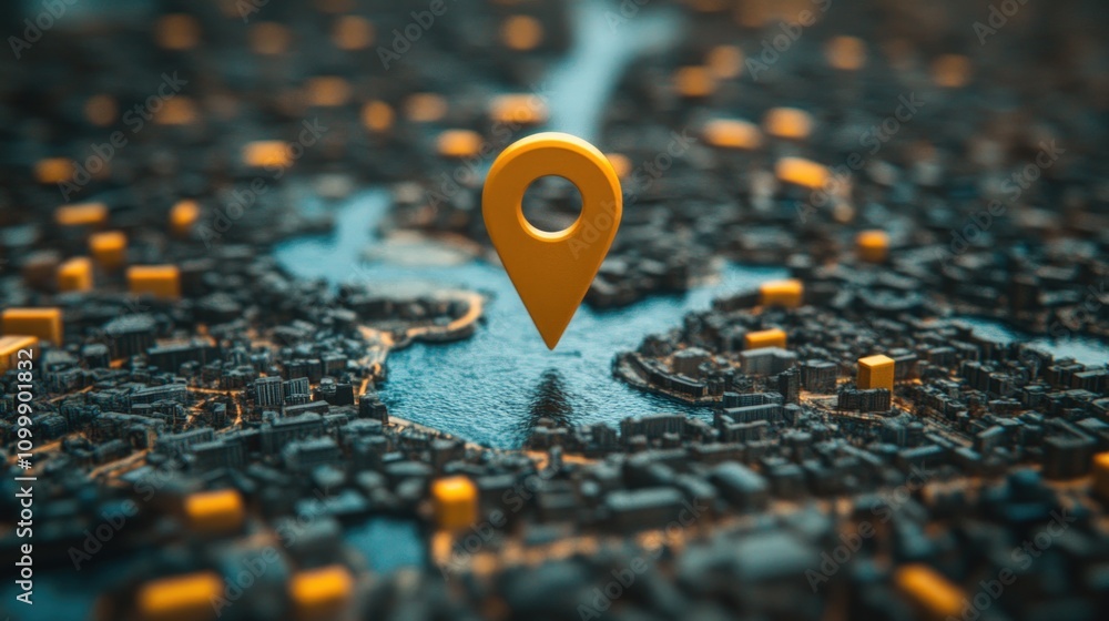 Golden location pin on a 3D city map. Golden location pin on a 3D city map.