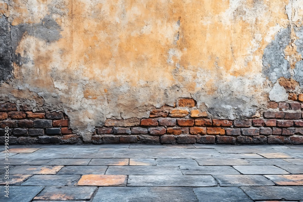 Fototapeta premium Empty room with old damaged brick wall and stone floor