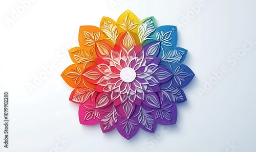 Vibrant Abstract Mandala Flower with Glowing Petals in Shades of Pink, Orange, and Purple on a Dark Background.