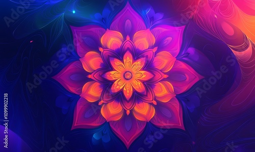 Vibrant Abstract Mandala Flower with Glowing Petals in Shades of Pink, Orange, and Purple on a Dark Background.