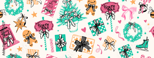 Merry Christmas seamless pattern, vector winter holiday New Year texture, present box, Santa mail. Celebration season cartoon background, gift wrapping paper print, pine tree. Christmas pattern decor