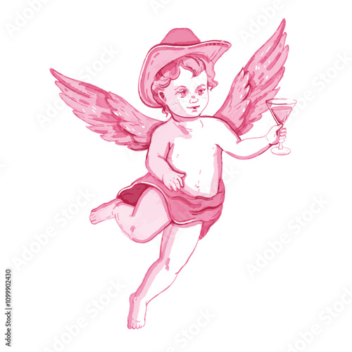 Cute cowboy cherub illustration, vector pink watercolor baby angel bachelorette wedding party design. Vintage cupid martini cocktail character, wings, Valentine Day graphic. Cowboy cherub holiday sign