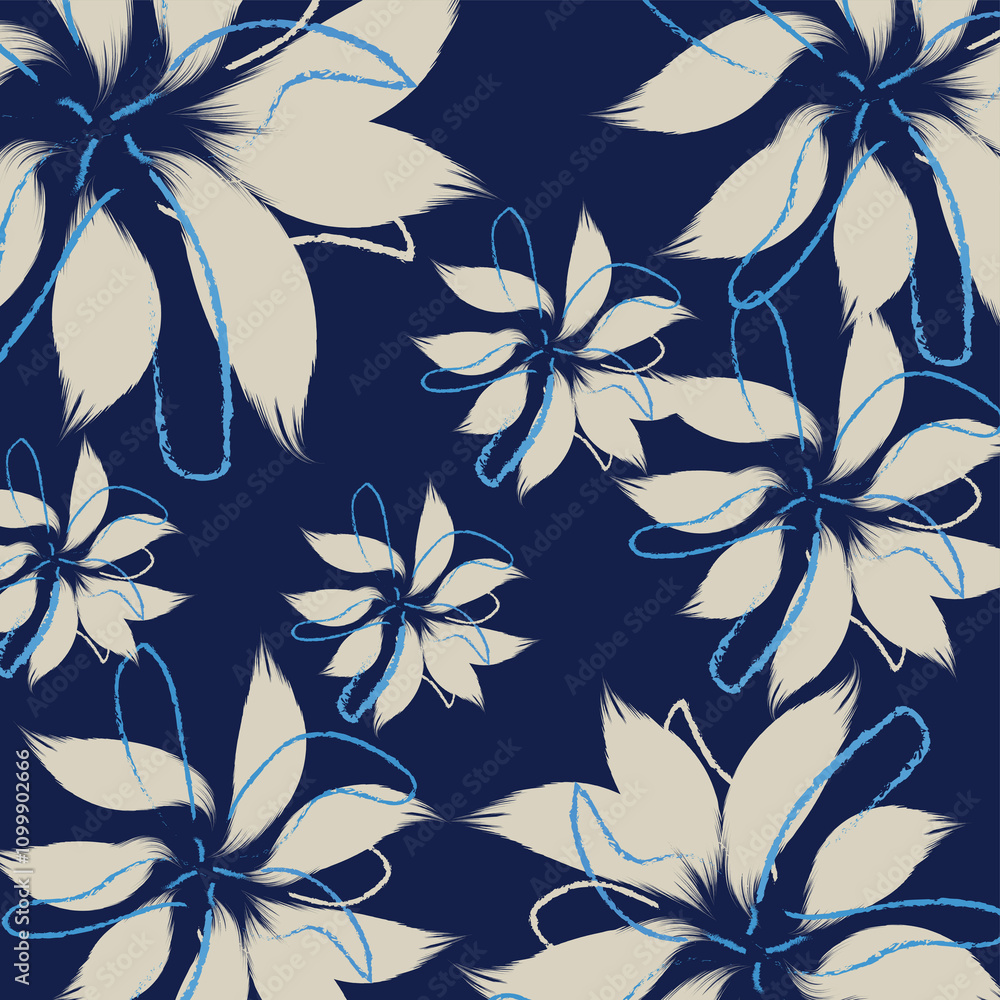 Seamless blue Flowers texture vector for clothes pattern, dark blue textile art, hand-draw style background vibrant colors, fashion artwork for Fabric print