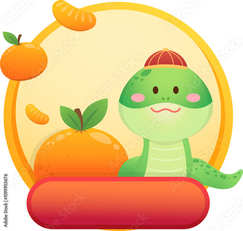 Orange template and frame with cartoon snake and tangerine, happy chinese new year