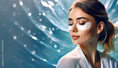 A serene woman enjoying a spa treatment with eye patches, set against a dynamic background of flowing blue water and light reflections photo