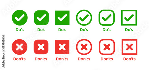 Do, do's, don't, don'ts icons. Right tick wrong cross symbol, check uncheck icons.Positive, Negative, Yes, No, Good, Bad, Correct, Incorrect. List of quiz with false and true.