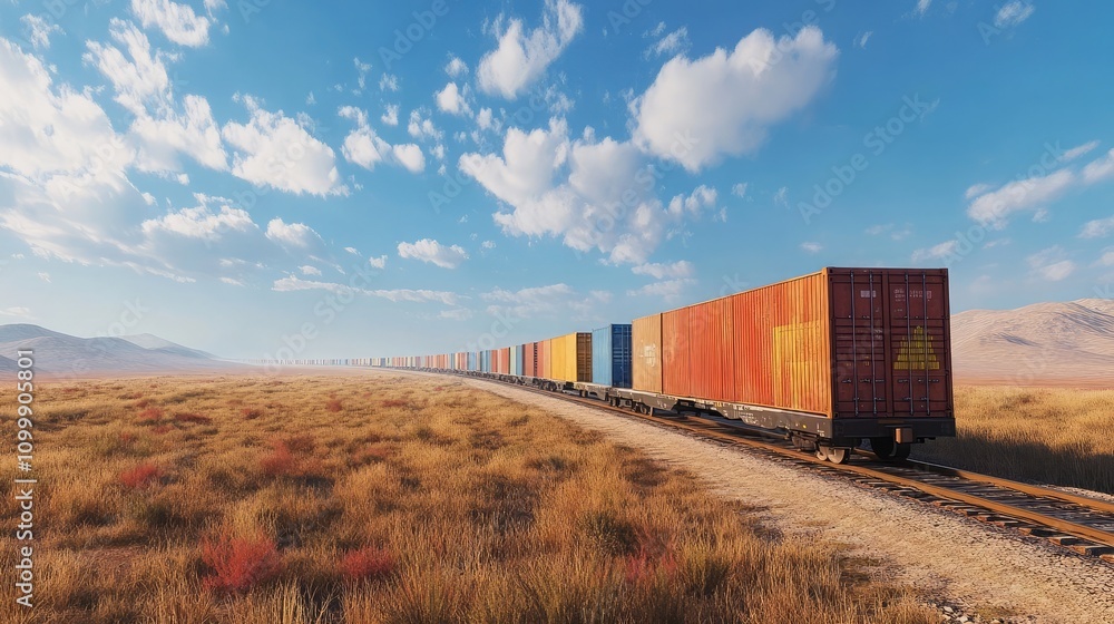 Fototapeta premium Freight train loaded with shipping containers moving through a vast landscape