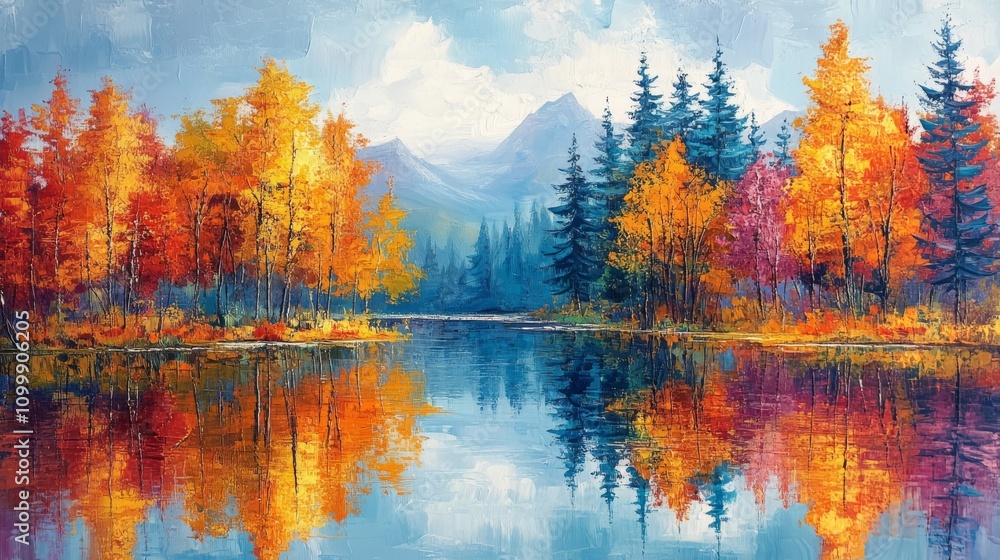 Obraz premium Autumnal Forest Lake Reflecting Colorful Trees and Mountains
