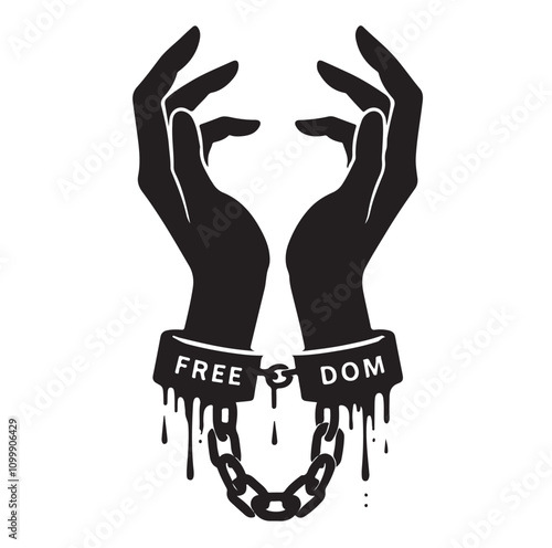 A pair of hands chained to a chain with the text words freedom. vector illustration.