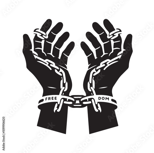 A pair of hands chained to a chain with the text words freedom. vector illustration.
