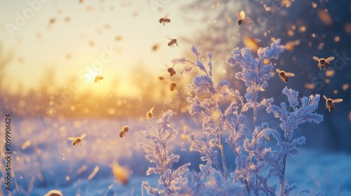 Sonnenstrahlen durchfluten winterliche Landschaft mit Vögeln