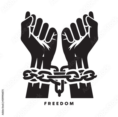 A pair of hands chained to a chain with the text words freedom. vector illustration.