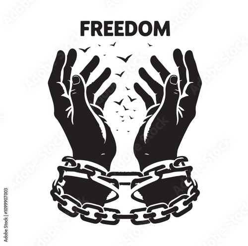 A pair of hands chained to a chain with the text words freedom. vector illustration.