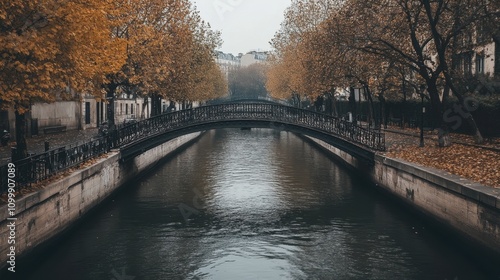 Serene Autumn Scene with Bridge Over Calm River in Paris photo