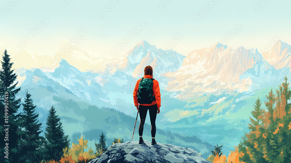 Obraz premium Lone hiker standing in front of a panorama in the mountains. Nature. Illustration