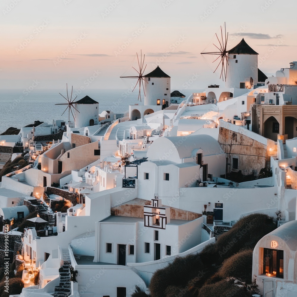 Fototapeta premium Whitewashed Greek Village Sunset Windmills Seascape