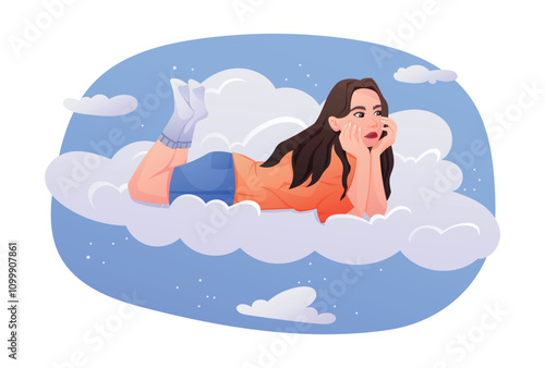 Dreamy isolated Vector cartoon Illustration of a Girl Lying on Clouds. Whimsical and playful digital art perfect for storytelling, social media, or creative projects.