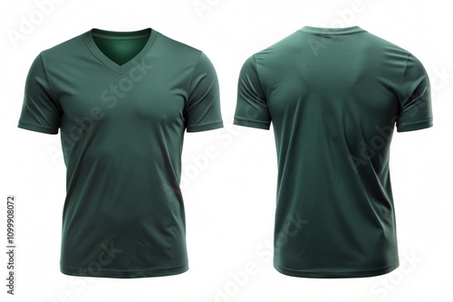 Blank Green color v-neck t-shirt template. Front and back view, Realistic short sleeve t-shirt mockup, isolated on white background. 3d rendering