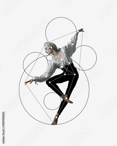 Cotemporary art collage. Poised ballet dancer extends arms gracefully while framed by overlapping circles and lines, merging ballet with modern design elements. Concept of ballet, sport, modern art. photo