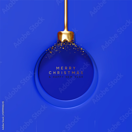 Merry Christmas and Happy New Year background. Paper cut and embossed design hanging Christmas ornament with golden ribbon. Xmas minimal ball. vector illustration