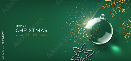 Merry Christmas and Happy New Year background. Christmas realistic 3d transparent ornament, glass star, flat top view, gold metallic snowflakes and confetti. Dark green background. Vector illustration