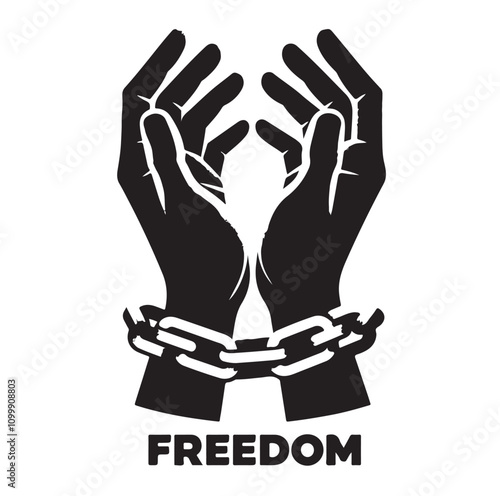 A pair of hands chained to a chain with the text words freedom. vector illustration.
