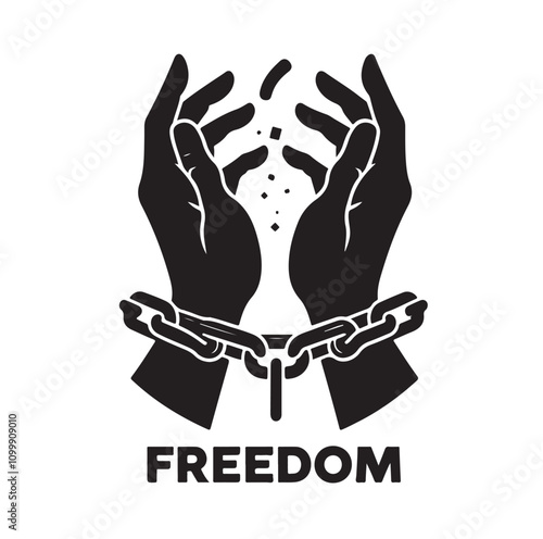 A pair of hands chained to a chain with the text words freedom. vector illustration.