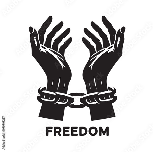 A pair of hands chained to a chain with the text words freedom. vector illustration.