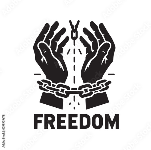 A pair of hands chained to a chain with the text words freedom. vector illustration.