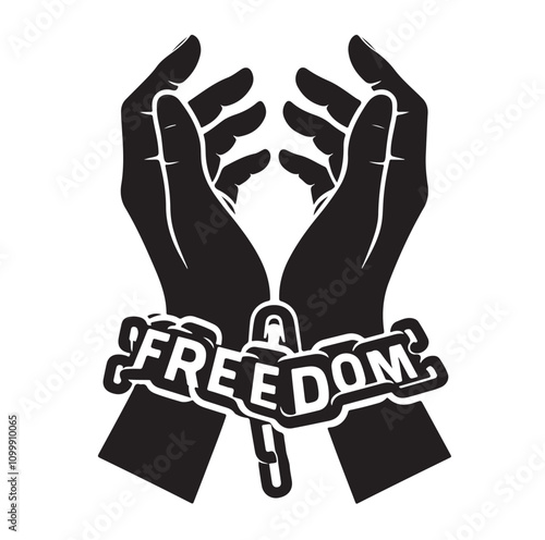 A pair of hands chained to a chain with the text words freedom. vector illustration.