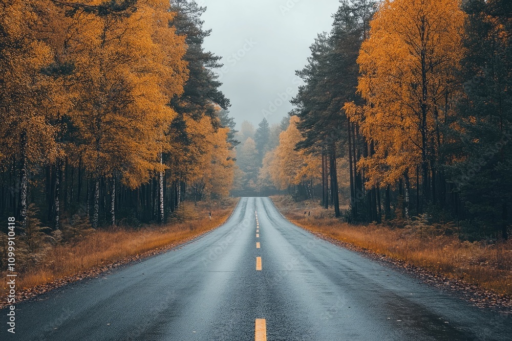 Fototapeta premium Winding road leading into colorful autumn forest in the mountains
