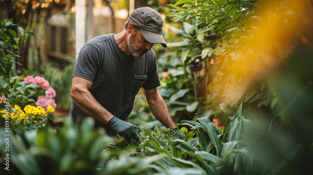 Fototapeta premium Experienced gardener performing maintenance in lush backyard garden