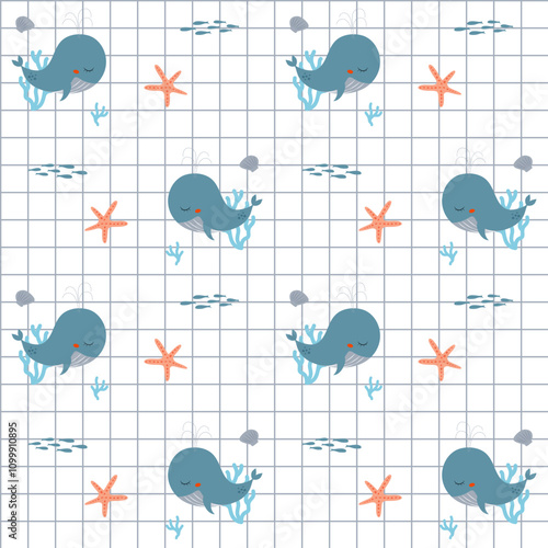 Vector seamless minimalist plaid cartoon pattern, summer concept, sea or ocean with whale, corals, starfishes, shells and school of small fishes.
