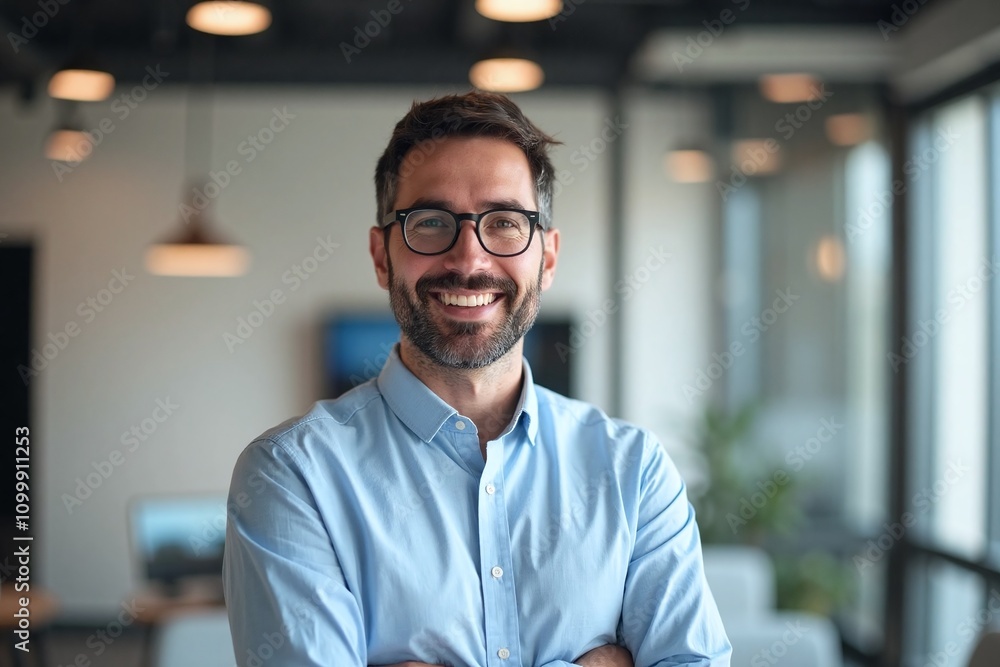 Fototapeta premium Man in modern office smiling with arms crossed in light blue shirt