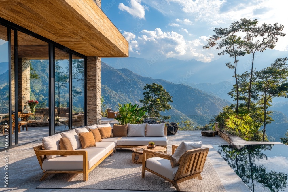 Fototapeta premium Modern house with infinity pool overlooking breathtaking mountain view