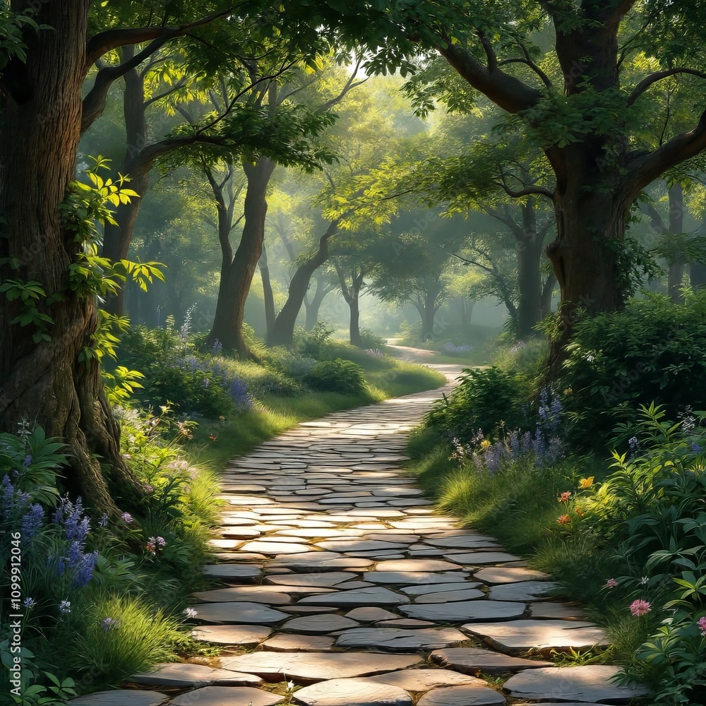 Fototapeta premium Stone paths wind through a tranquil public park.