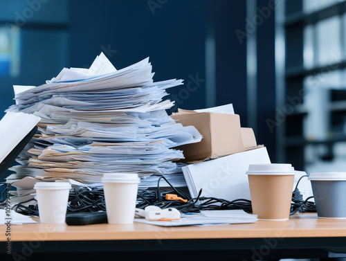An Overwhelmed Office Desk Buried Under Stacks of Paperwork, Coffee Cups, and Miscellaneous Office Supplies, Depicting the Chaos of Daily Work Life