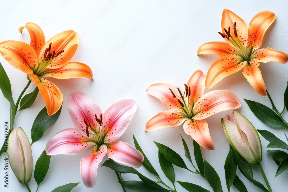 Obraz premium Colorful lilies and green leaves creating a frame on white background