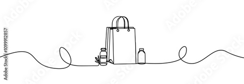 Simple  shopping bags  continuous line drawing isolated on a white . Paper shopping bags with a purchases  one line .