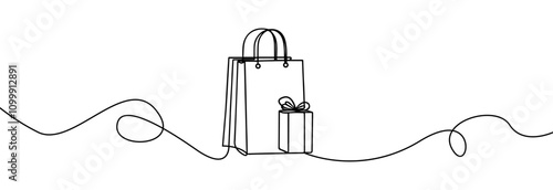 Simple  shopping bags  continuous line drawing isolated on a white . Paper shopping bags with a gift box  one line . Shopping concept.