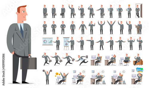 Businessman or manager character creation big set. Different views, gestures, emotions.