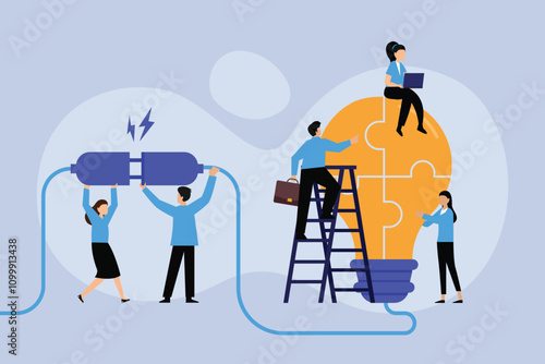 Teamwork and Innovation Concept: People Working Together to Build and Power a Lightbulb Puzzle 2d flat vector illustrations