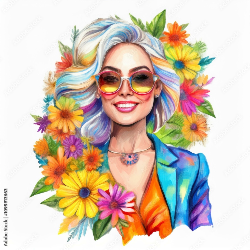 Obraz premium illustration of a 70s flower power woman on acrylic painted watercolor drawing isolated on white background