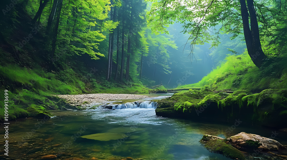 Obraz premium Composition of nature in a mountain forest with a deep river. Nature. Illustration